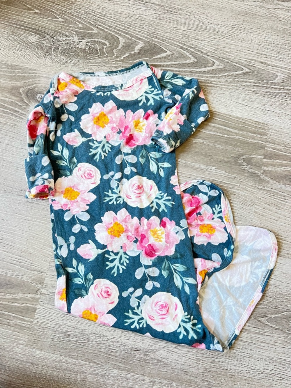 Pink Floral Long-Sleeve Baby Pajama Gown - Teal Background